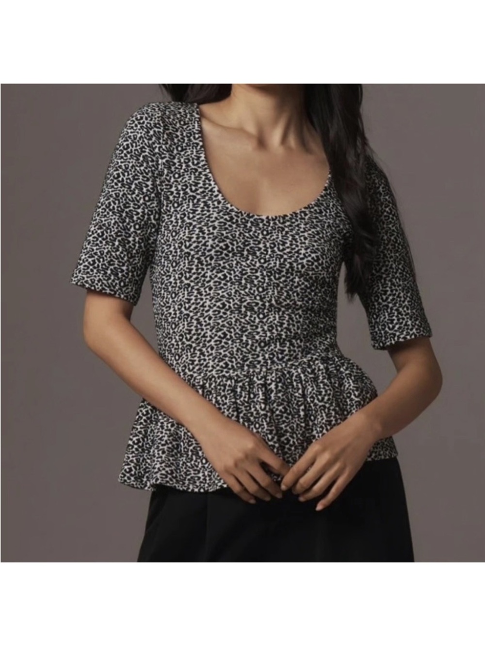 Anthropologie Maeve Leopard Animal Print Peplum Knit Shirt Top Large Boho Office